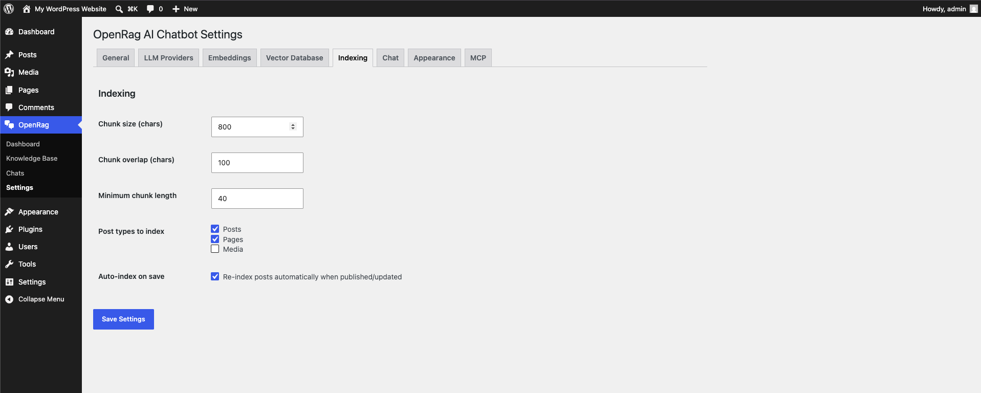 Settings — Indexing