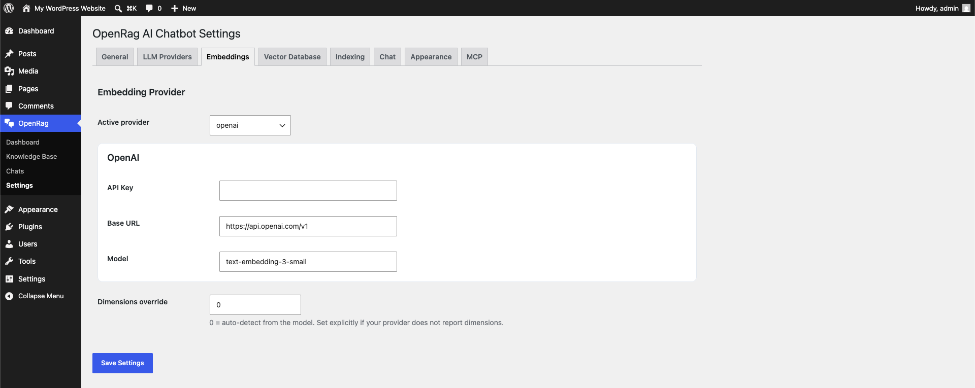 Settings — Vector Database