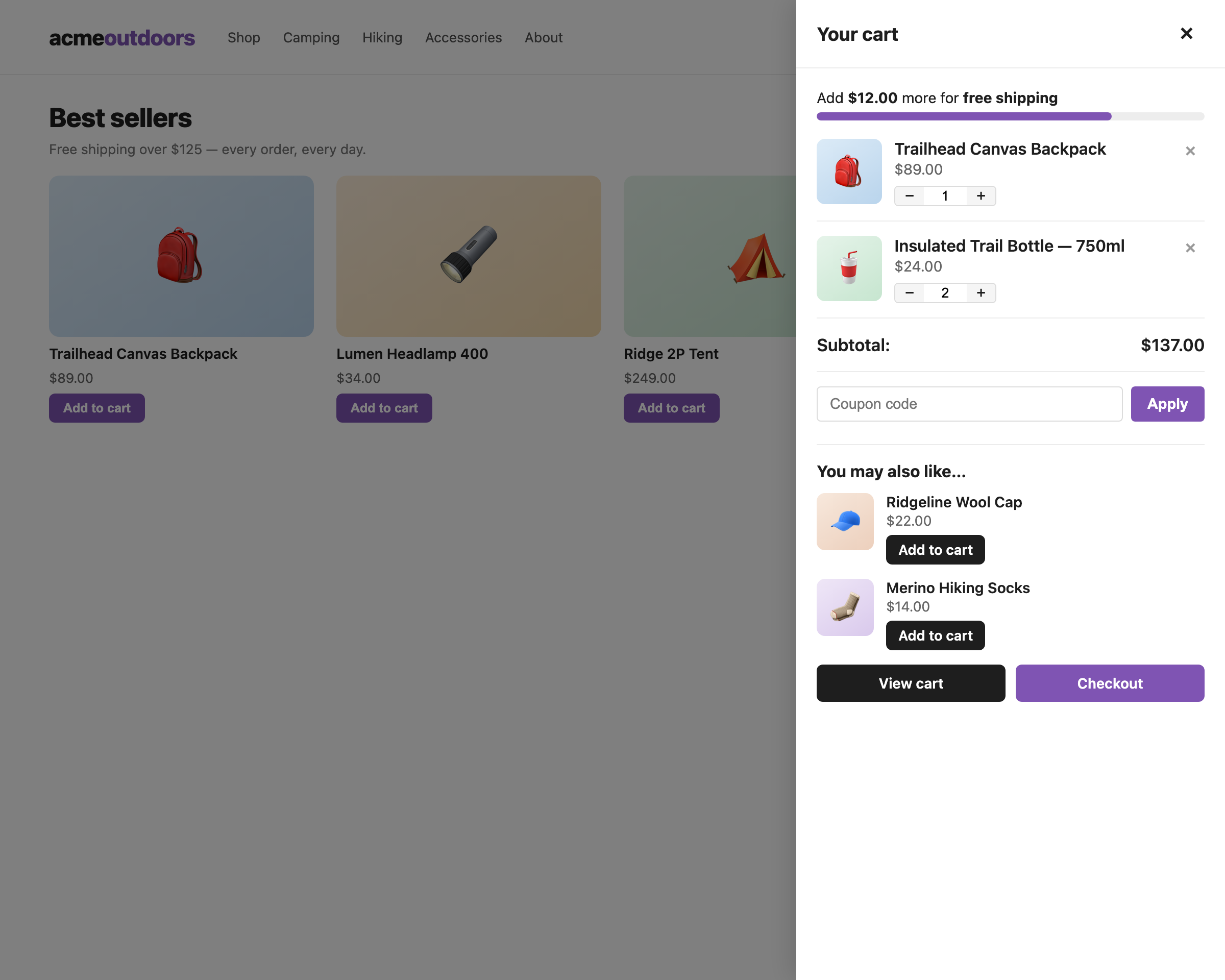 WooCommerce side cart drawer with free shipping progress bar, coupons and cross-sells
