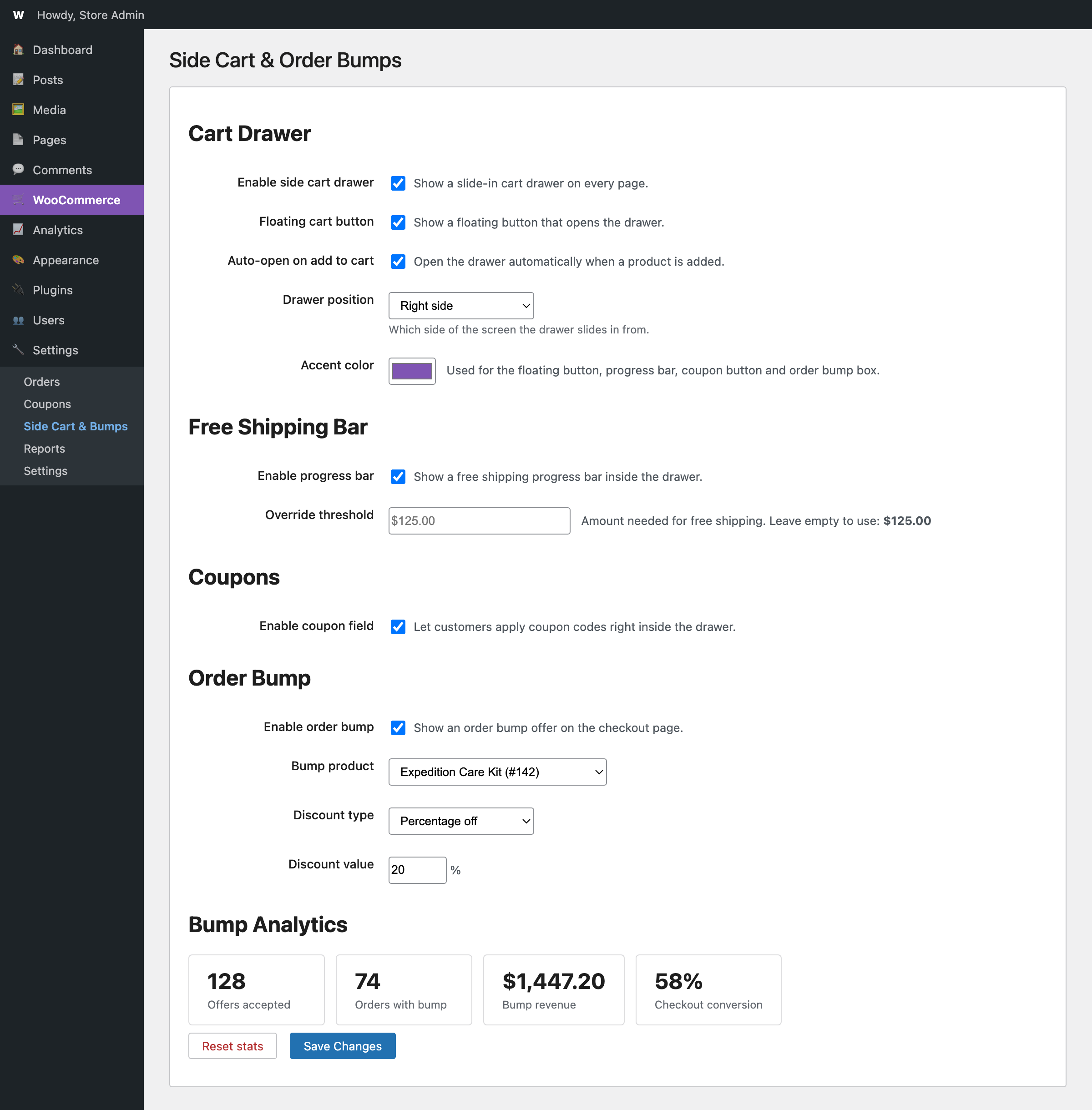 Settings screen with bump analytics dashboard